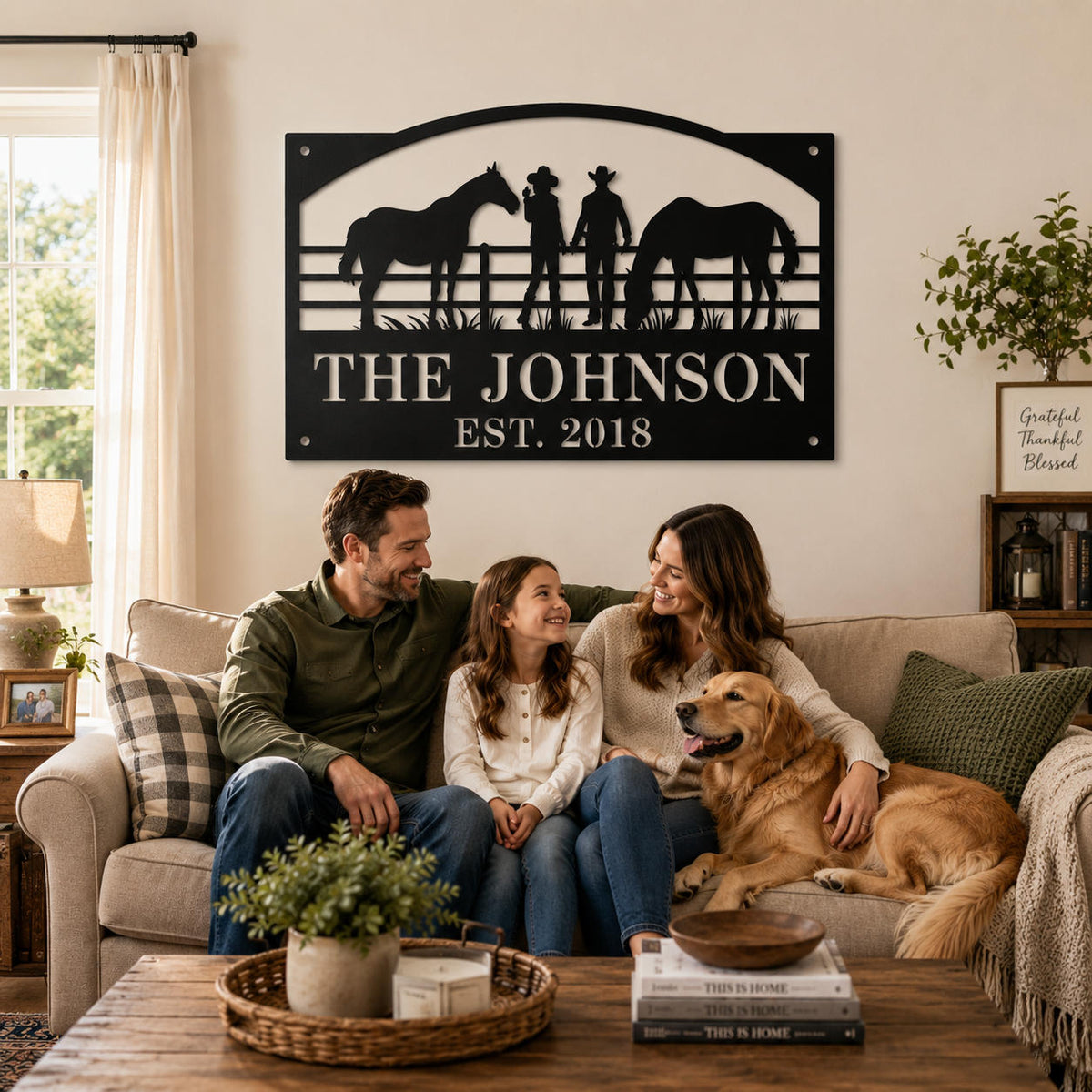 Custom family ranch sign displayed in front of a farmhouse with a couple standing nearby