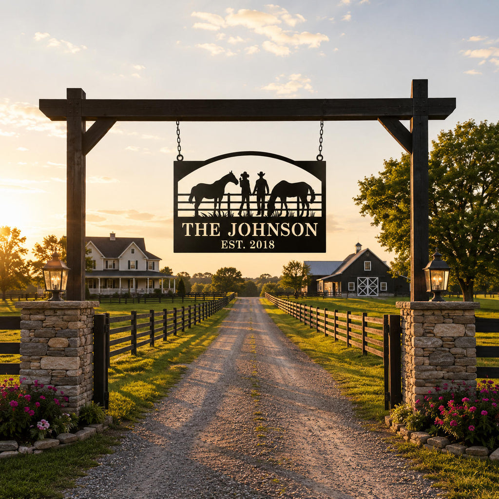 Large personalized ranch metal sign installed on a farm gate at sunset