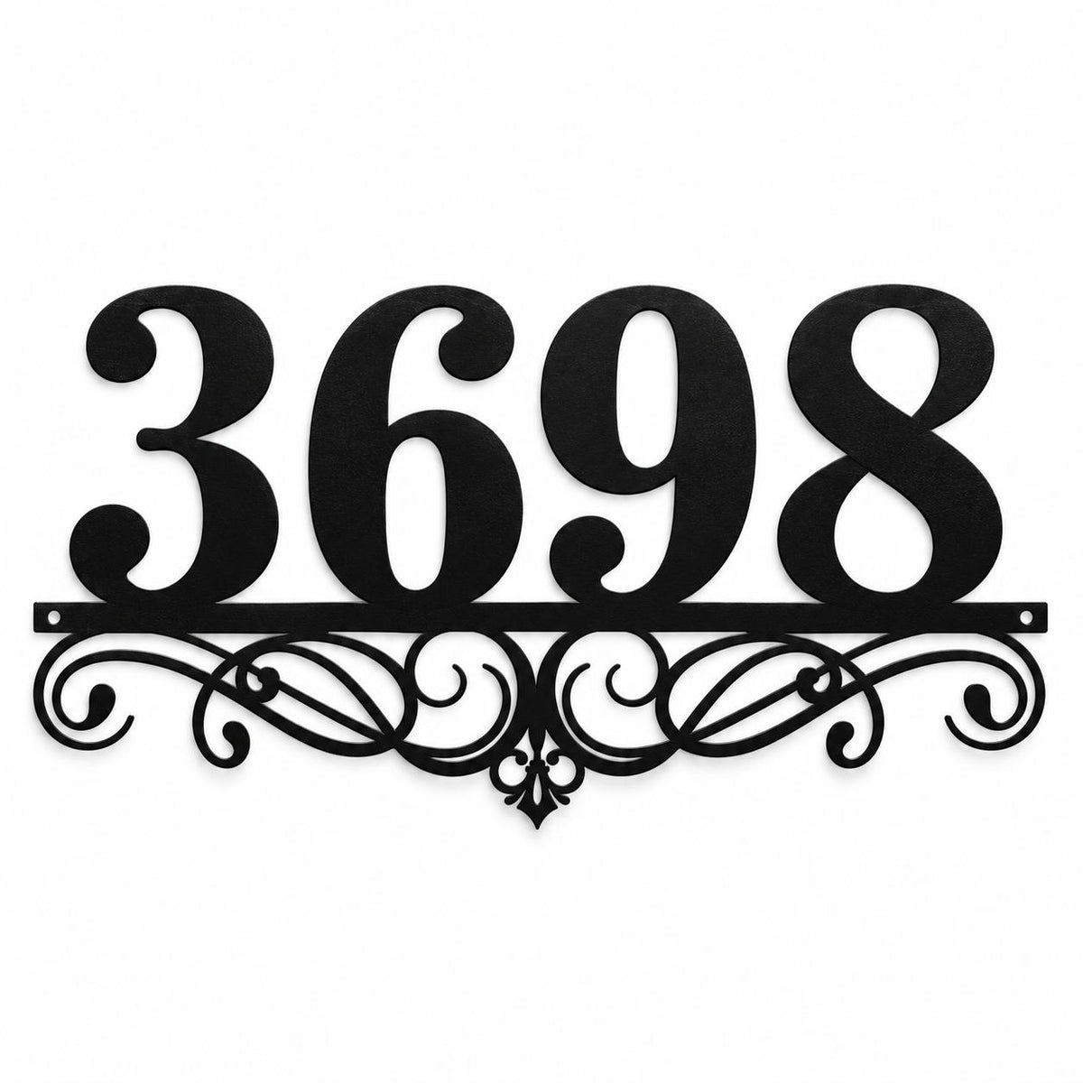 Custom black metal house number sign with decorative scrollwork on a clean white background. Main image