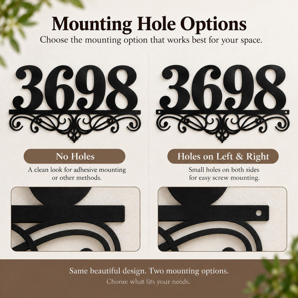 Custom metal house number sign showing no-hole and left-and-right mounting hole options.