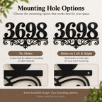 Custom metal house number sign showing no-hole and left-and-right mounting hole options.