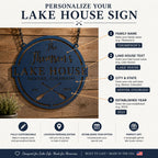 Customization guide showing family name, location, and established year options for a metal lake house sign.