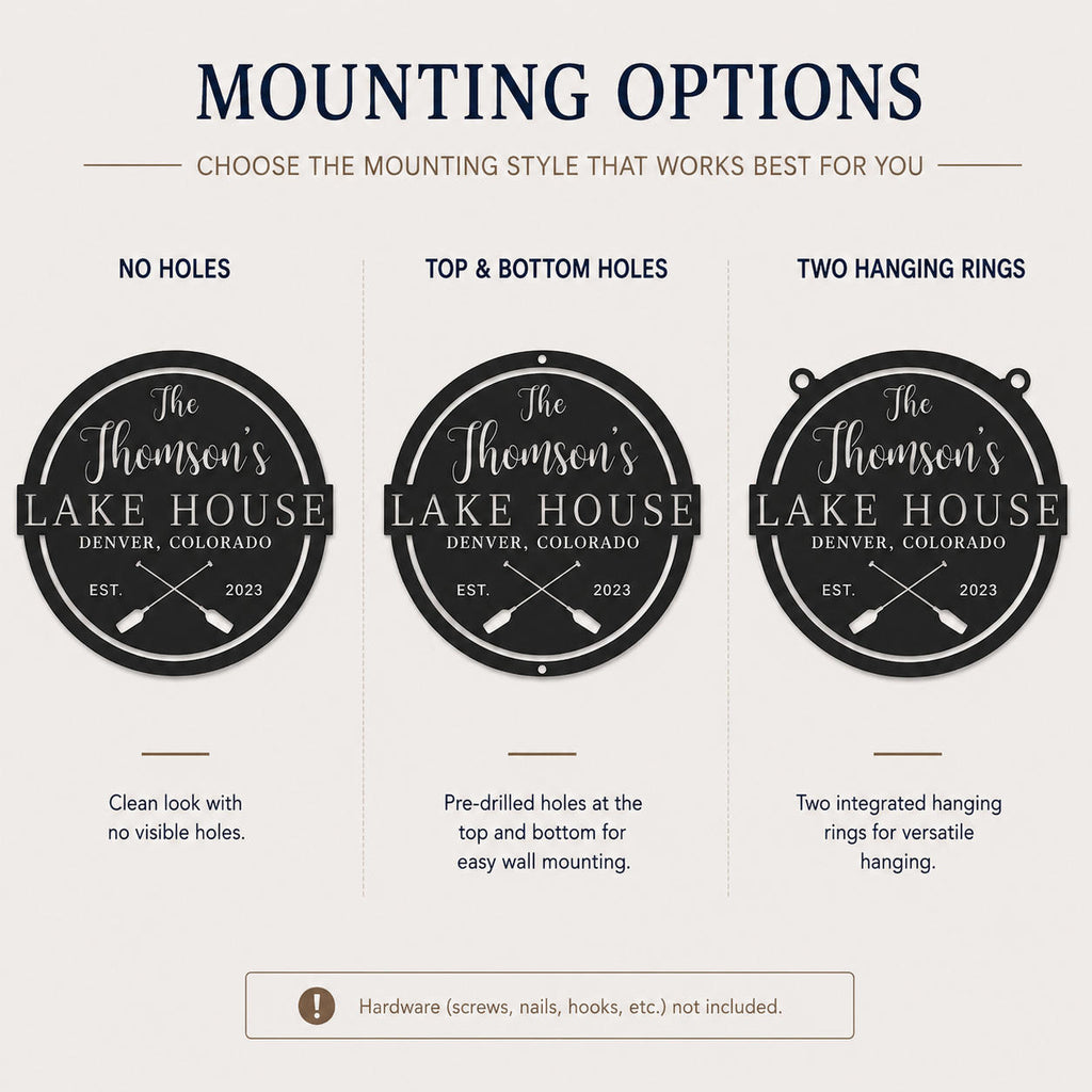 Comparison chart of metal sign mounting hole options including no holes, top and bottom holes, side holes, and four-corner holes.