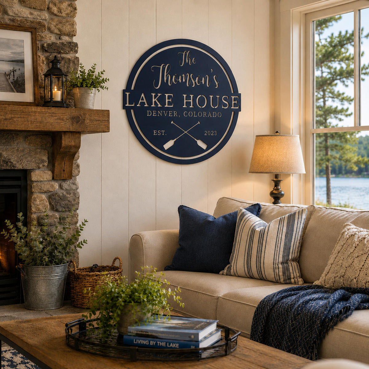 Personalized lake house wall decor displayed above a farmhouse fireplace in a cozy lake cabin.