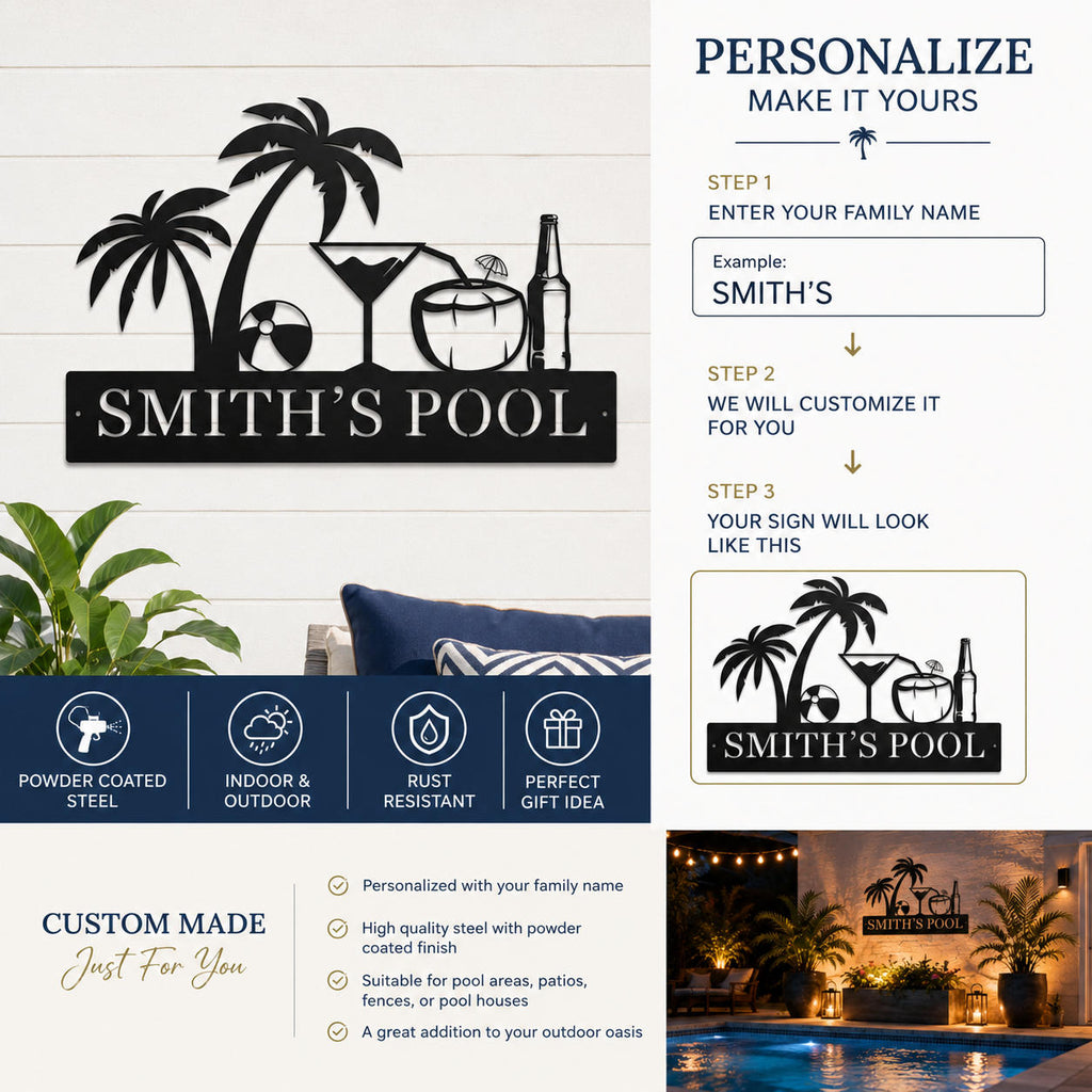 Personalized metal pool sign customization guide showing how to add your family name for a custom tropical steel pool sign.