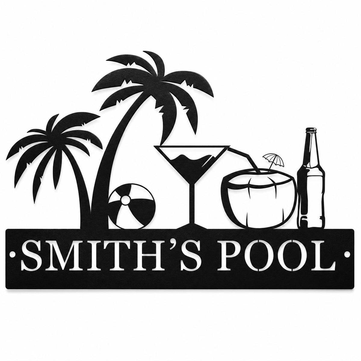 Custom metal pool sign with palm trees, cocktail, coconut drink and personalized family name, powder coated steel pool decor for outdoor use. Main image