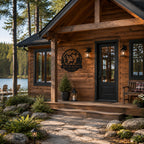 Personalized deer mountain metal sign decorating a lakeside cabin surrounded by pine trees and nature.
