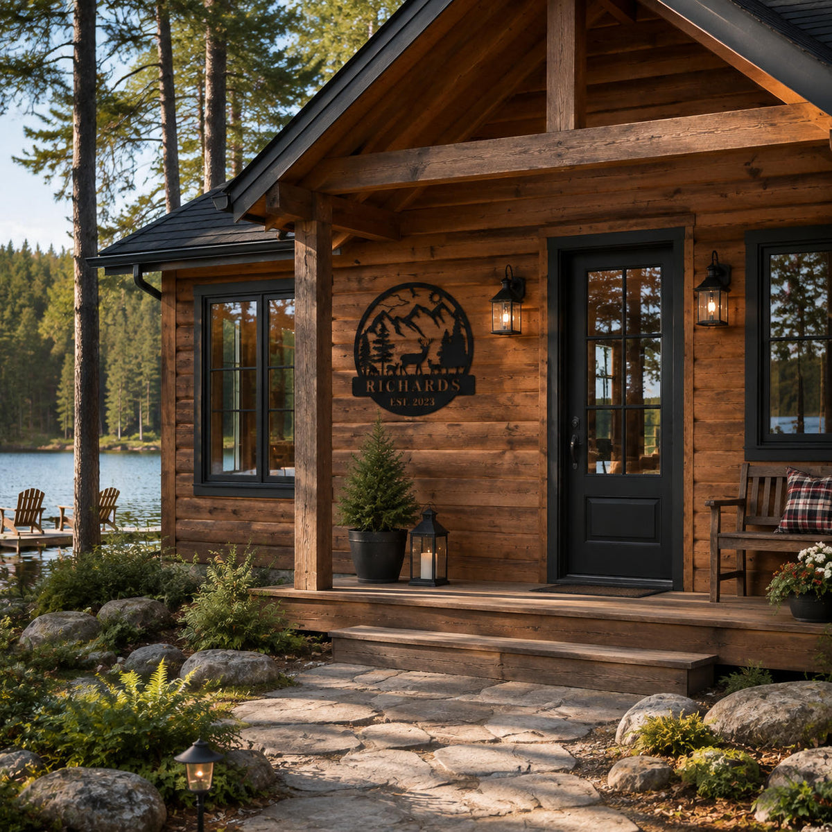 Personalized deer mountain metal sign decorating a lakeside cabin surrounded by pine trees and nature.