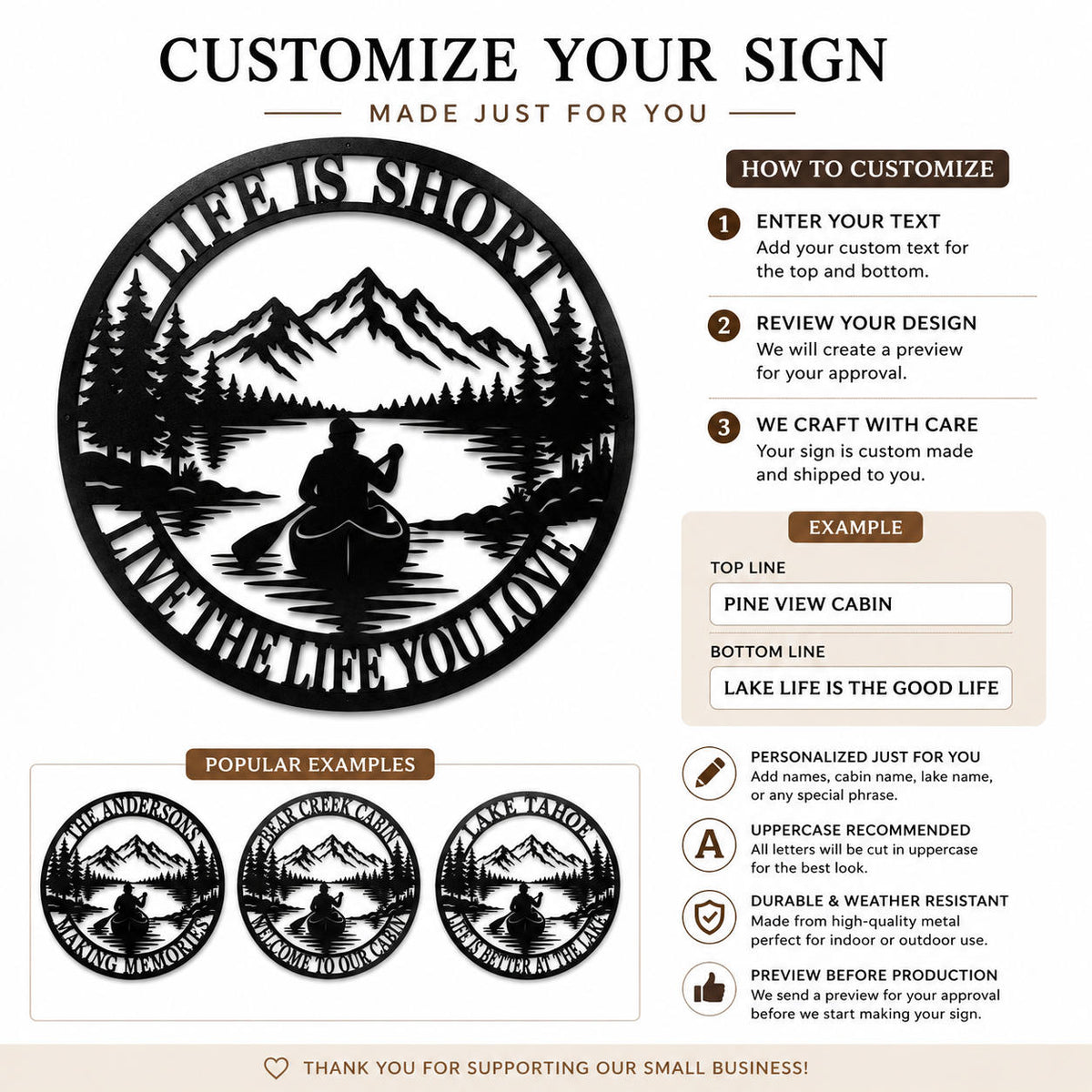 Customization guide showing personalized text options and ordering instructions for a custom round metal wall sign.