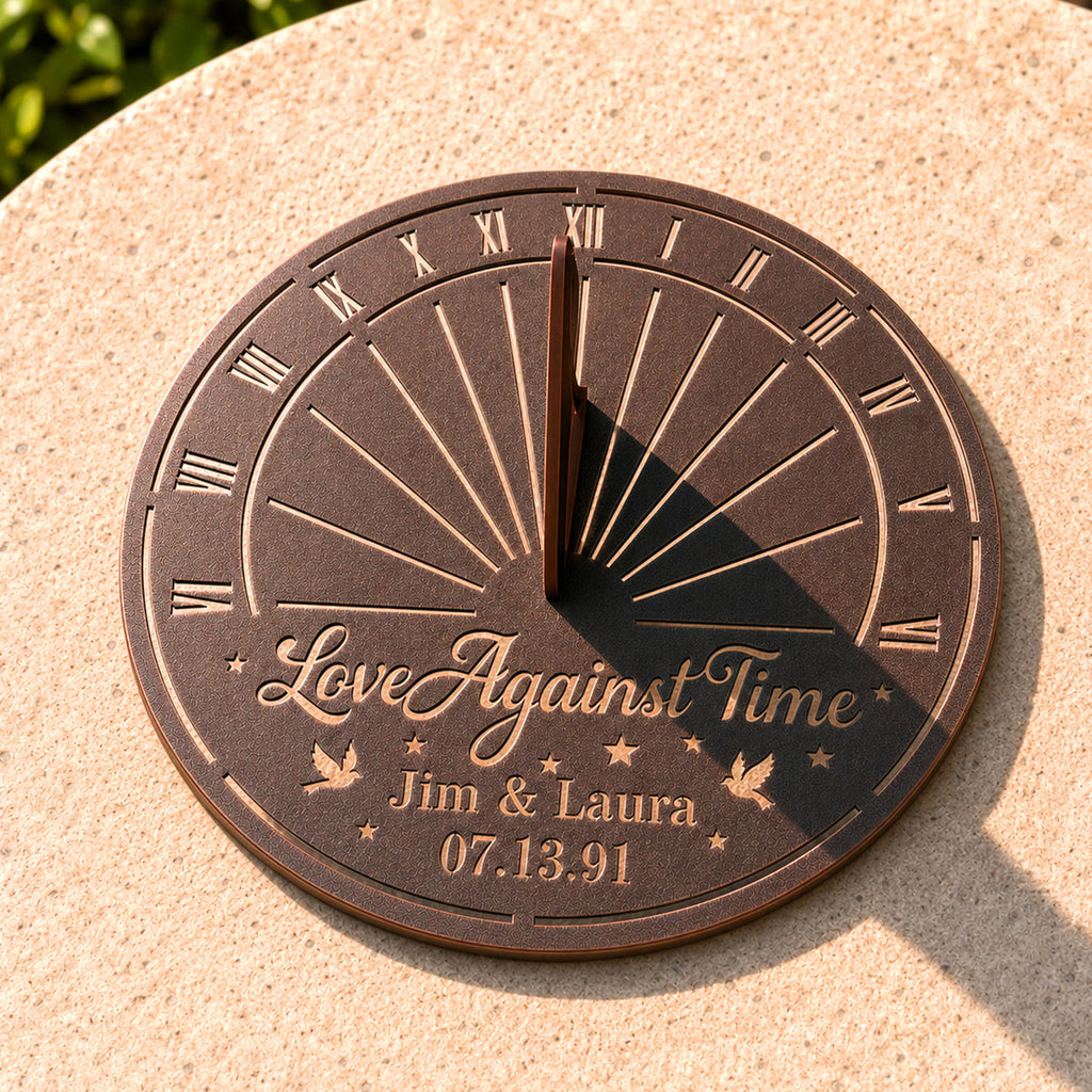 Custom metal sundial displayed outdoors in natural sunlight, showing the working shadow cast by the sundial gnomon.