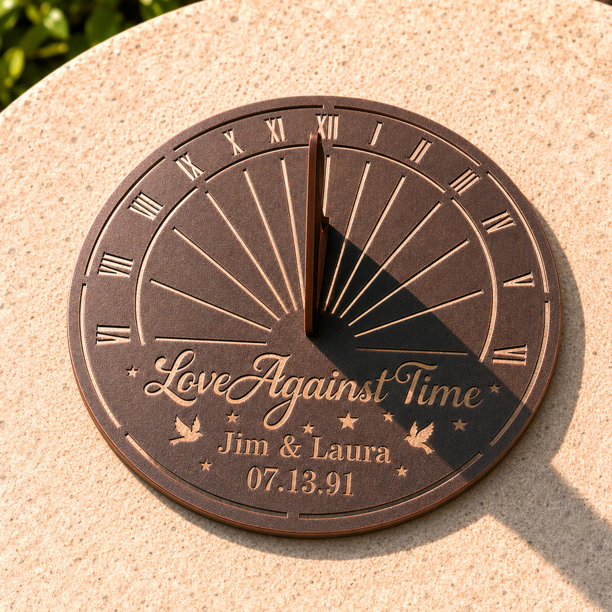 Custom metal sundial displayed outdoors in natural sunlight, showing the working shadow cast by the sundial gnomon.
