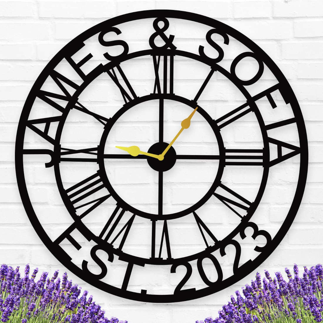 Large personalized black metal wall clock with custom names James and Sofia established 2023, featuring Roman numerals and gold hands for indoor home decor.