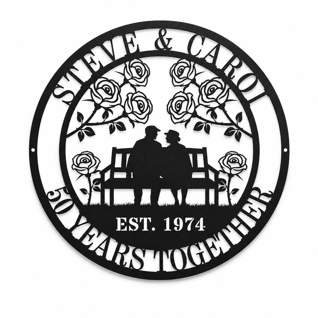 Personalized anniversary metal sign featuring custom couple names, anniversary text, roses, and couple silhouette wall decor in black powder coated steel