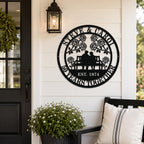 Custom anniversary metal sign displayed on a farmhouse front porch wall with personalized names and anniversary year, perfect outdoor metal wall decor