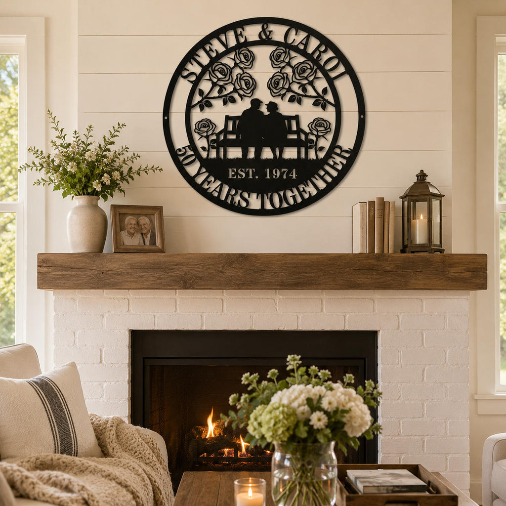 Custom couple metal wall art displayed above a farmhouse fireplace mantel, personalized anniversary sign for home and family room decor