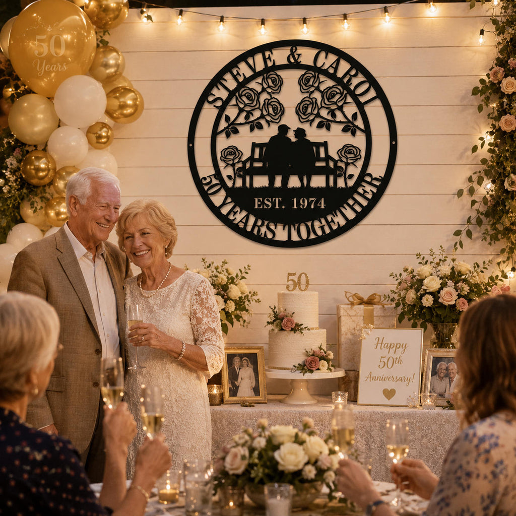 Personalized anniversary metal sign used as a backdrop for a wedding anniversary celebration party, custom gift for parents and couples