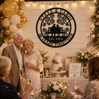 Personalized anniversary metal sign used as a backdrop for a wedding anniversary celebration party, custom gift for parents and couples
