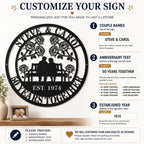 Customization guide for personalized anniversary metal sign showing couple names, anniversary text, and established year customization options