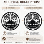 Mounting options for personalized metal sign showing no holes and side holes installation choices for indoor and outdoor wall display