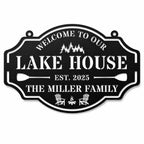 Personalized lake house metal sign with family name and established year on white background