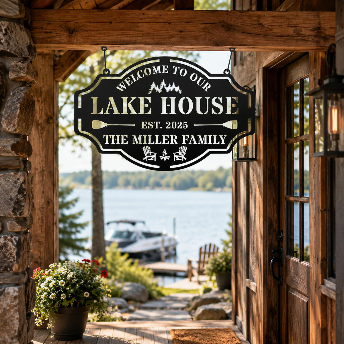 Custom lake house metal sign hanging on rustic cabin entrance overlooking a lakeside view