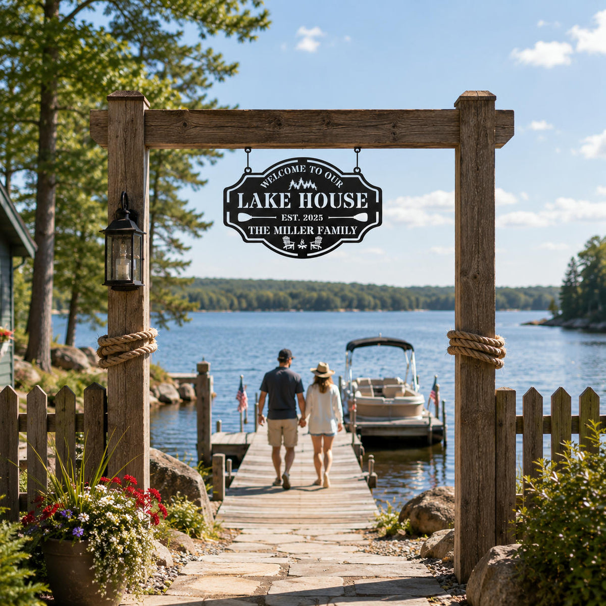 Personalized lake house metal sign displayed at private dock entrance near the water