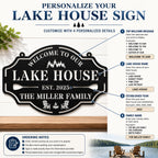Customization guide for personalized lake house metal sign showing welcome text, lake house name, established year and family name options.