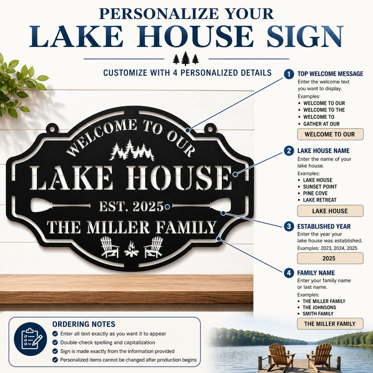 Customization guide for personalized lake house metal sign showing welcome text, lake house name, established year and family name options.