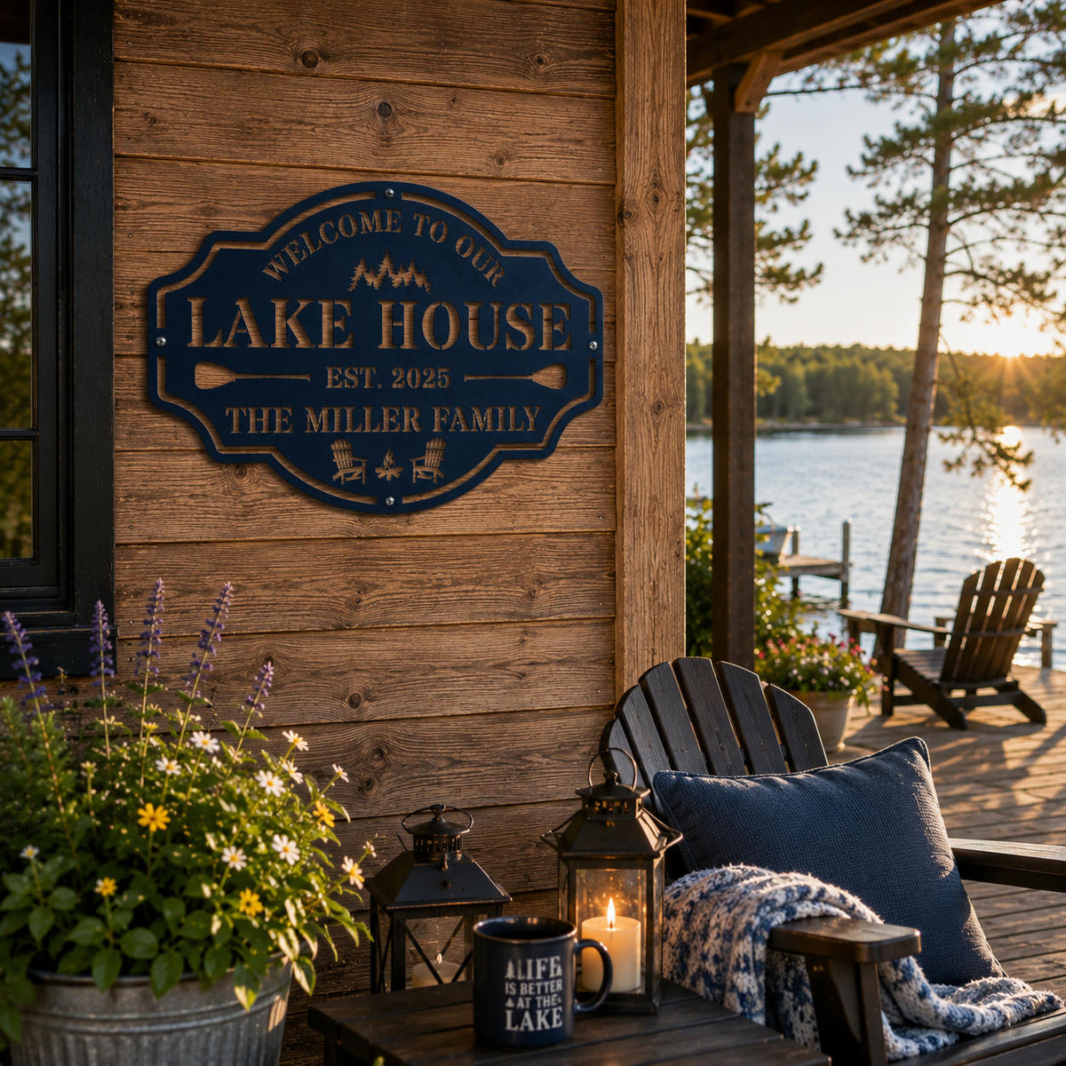 Custom lake house metal wall sign mounted on wooden cabin exterior with screw installation