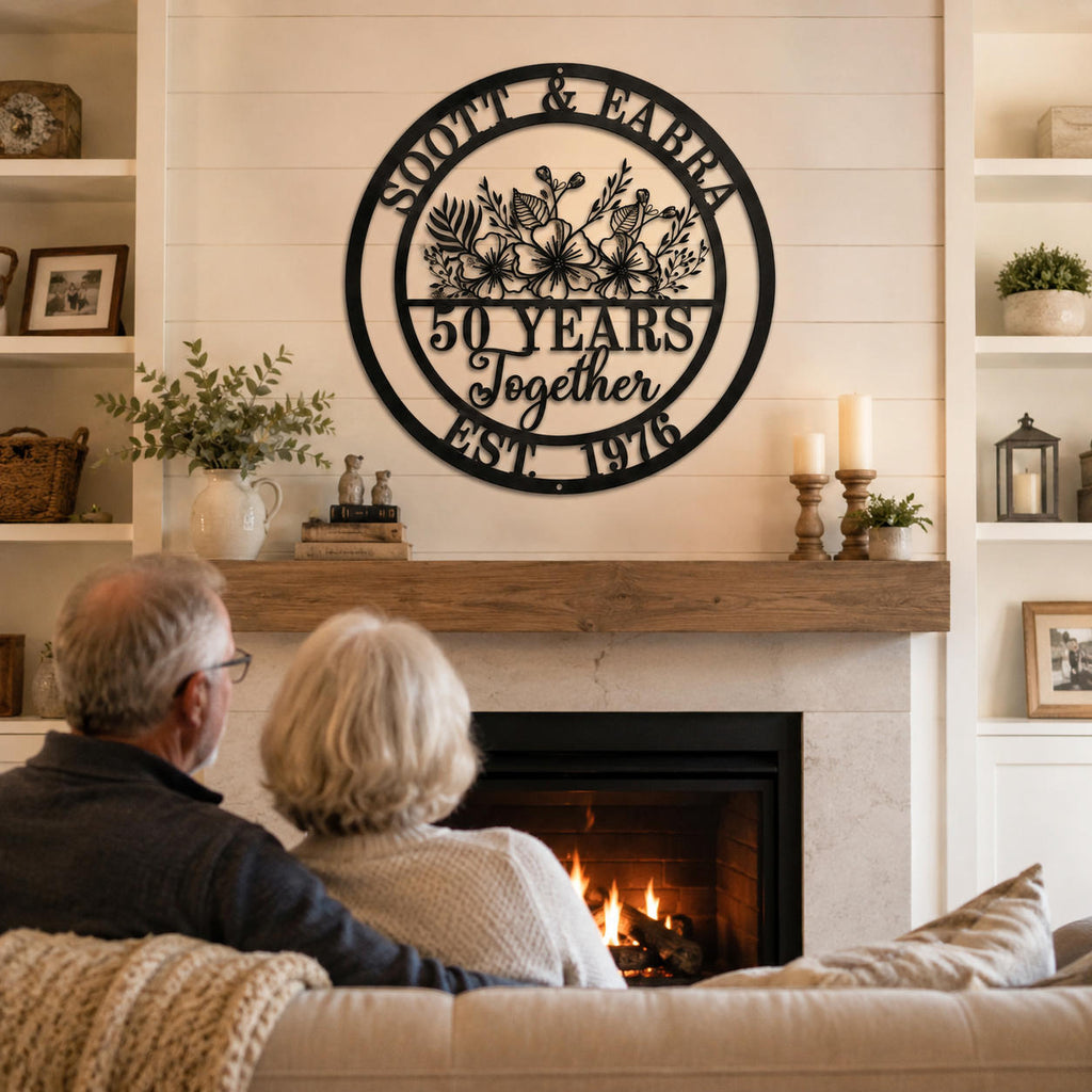 Custom 50th anniversary metal wall sign displayed above a farmhouse fireplace, personalized golden anniversary gift for couples