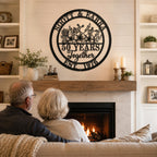 Custom 50th anniversary metal wall sign displayed above a farmhouse fireplace, personalized golden anniversary gift for couples