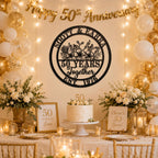 Personalized 50 years together metal sign used as a 50th wedding anniversary party backdrop decoration with floral design