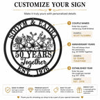 Customization guide for personalized anniversary metal sign showing couple names anniversary years and established date options