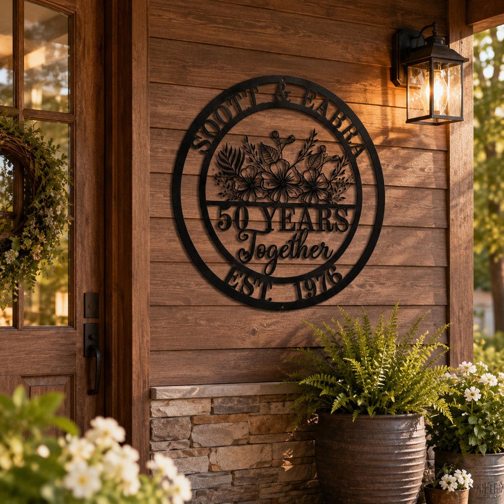 Custom anniversary metal wall art mounted on a rustic porch wall, personalized outdoor wedding anniversary sign