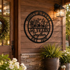 Custom anniversary metal wall art mounted on a rustic porch wall, personalized outdoor wedding anniversary sign