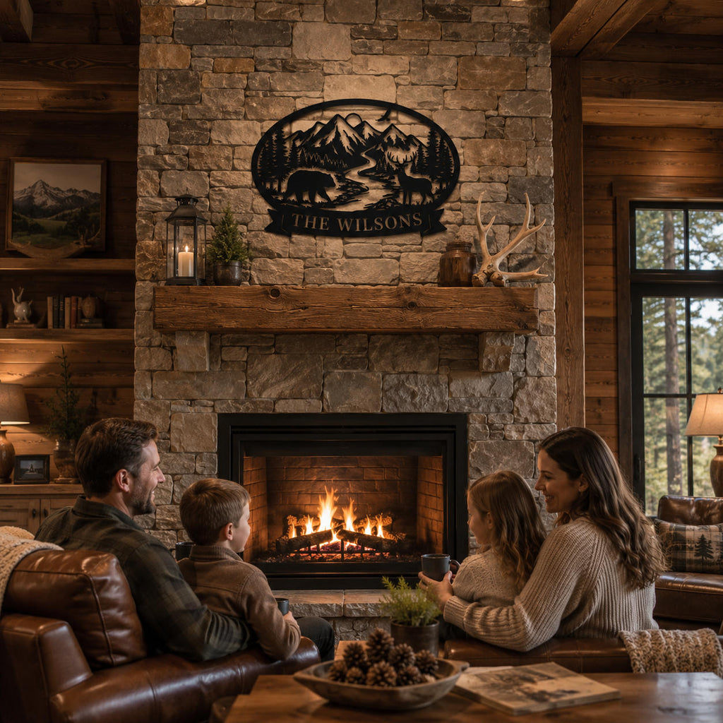 Personalized wildlife mountain metal wall art displayed above a stone fireplace, custom family name sign for rustic cabin living room decor.