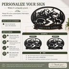 Personalization guide for custom wildlife mountain metal sign showing family name customization, size options and ordering instructions.