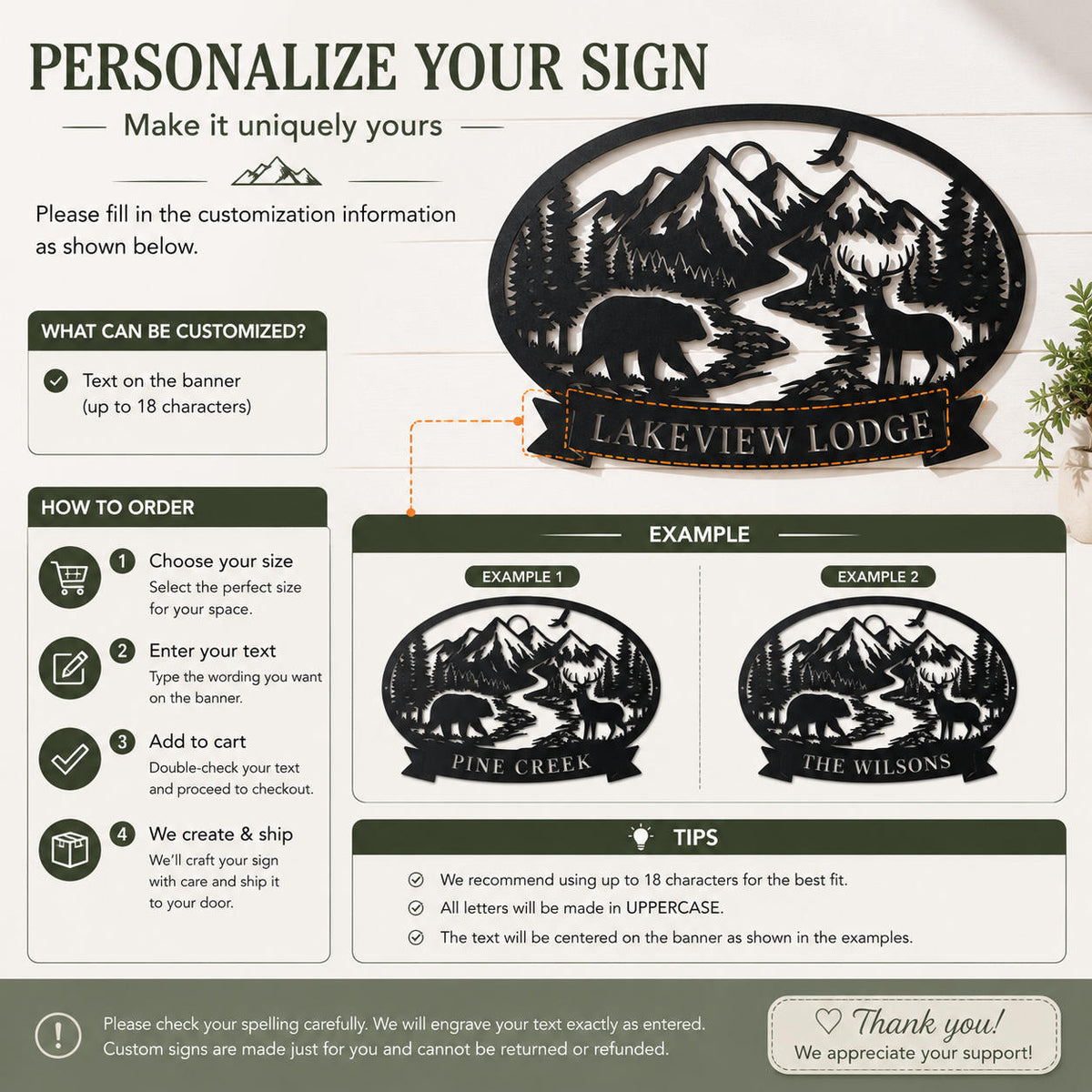 Personalization guide for custom wildlife mountain metal sign showing family name customization, size options and ordering instructions.