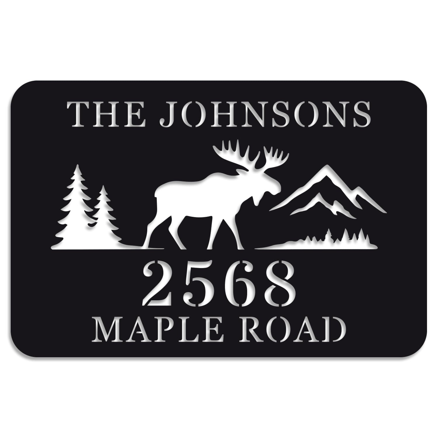 Custom Moose Address Sign with mountains and trees, laser cut from premium steel, personalized with house number and family name, powder coated for outdoor durability. Main image