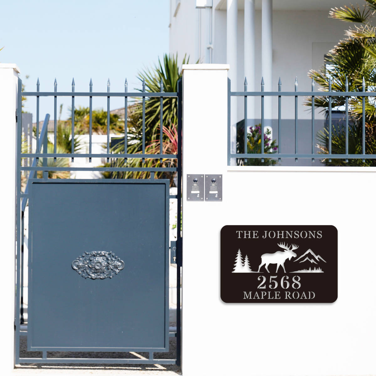 Custom Moose Address Sign with mountains and trees, laser cut from premium steel, personalized with house number and family name, powder coated for outdoor durability.