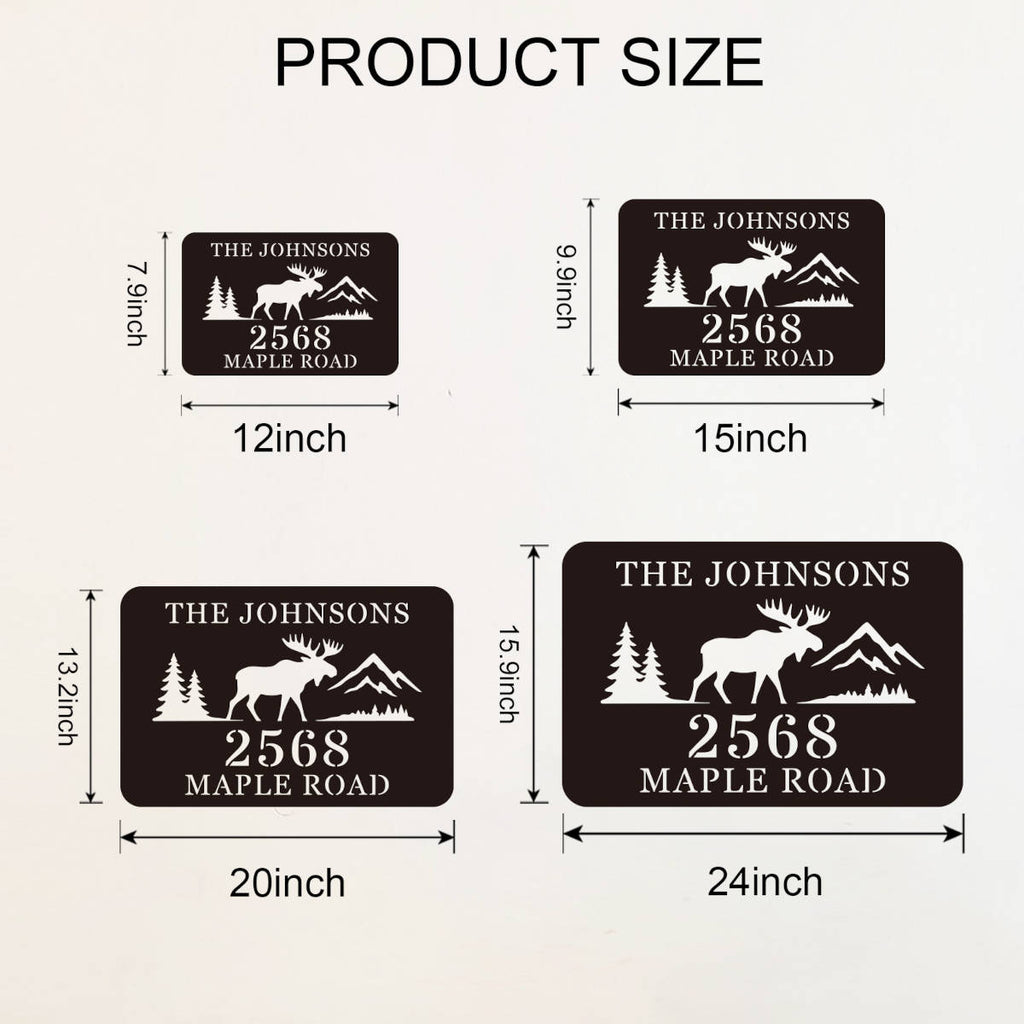 Custom Moose Address Sign with mountains and trees, laser cut from premium steel, personalized with house number and family name, powder coated for outdoor durability.