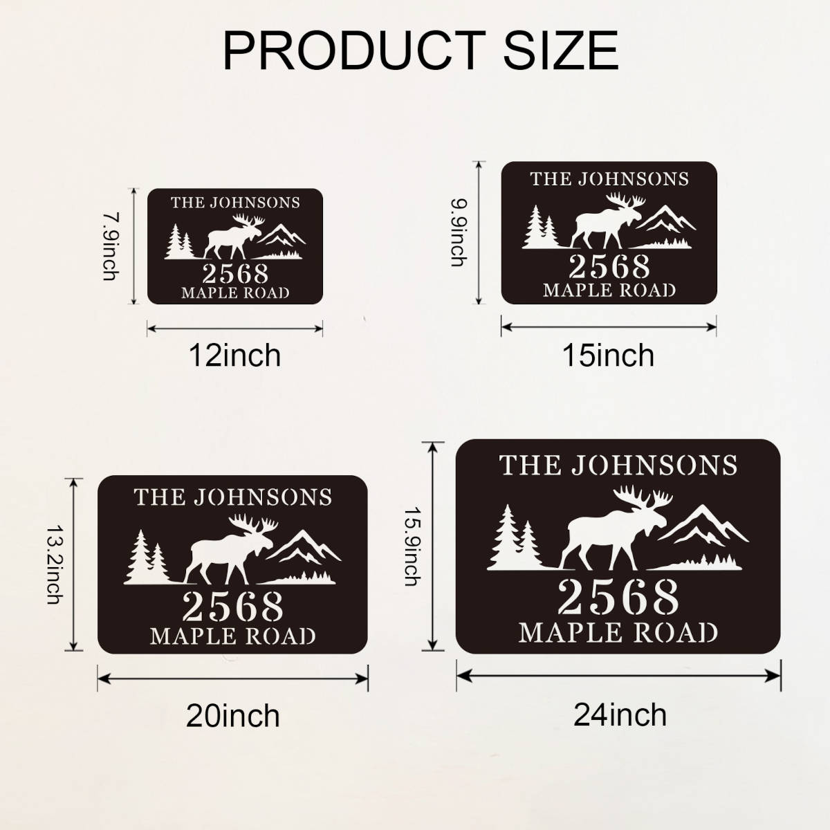 Custom Moose Address Sign with mountains and trees, laser cut from premium steel, personalized with house number and family name, powder coated for outdoor durability.