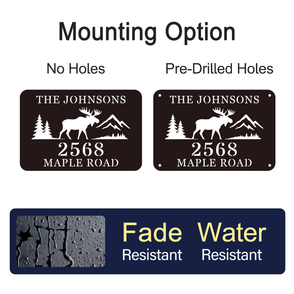 Custom Moose Address Sign with mountains and trees, laser cut from premium steel, personalized with house number and family name, powder coated for outdoor durability.