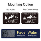 Custom Moose Address Sign with mountains and trees, laser cut from premium steel, personalized with house number and family name, powder coated for outdoor durability.