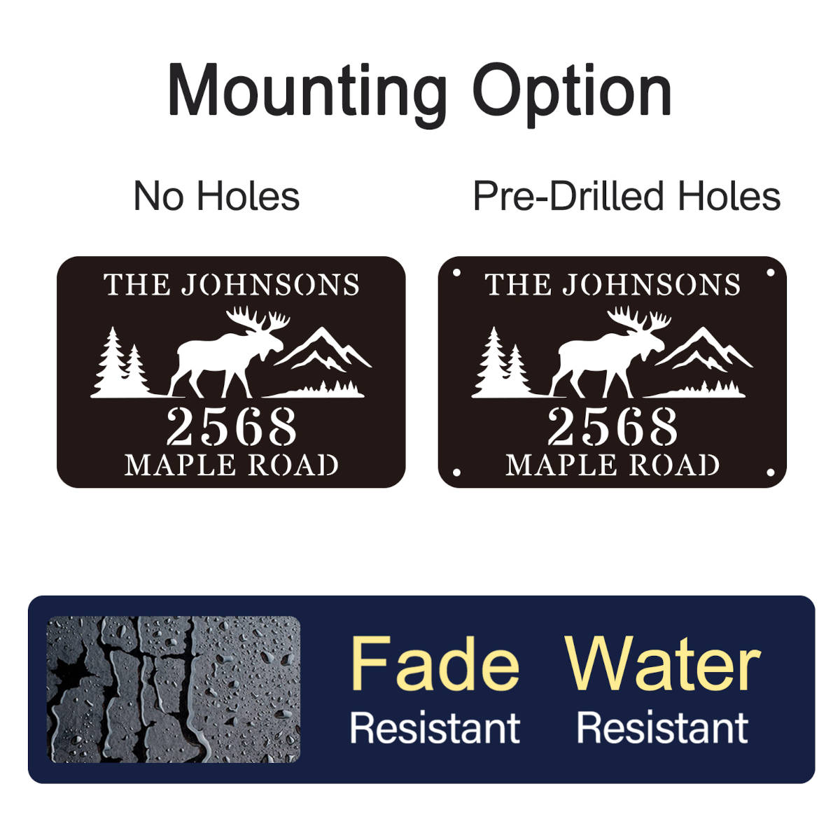 Custom Moose Address Sign with mountains and trees, laser cut from premium steel, personalized with house number and family name, powder coated for outdoor durability.