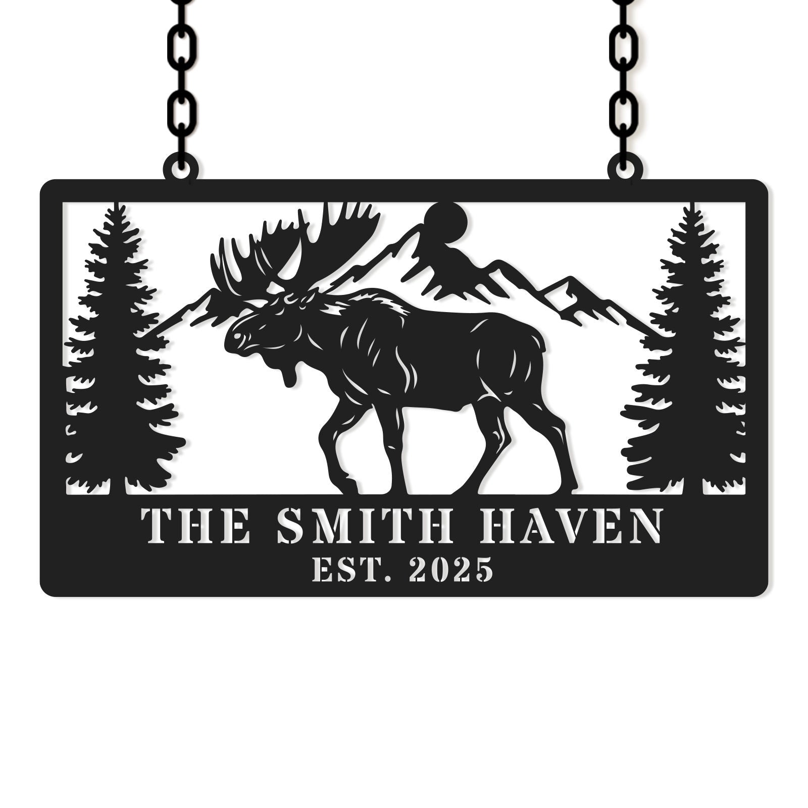 Custom moose cabin metal sign with personalized name and date, laser-cut steel mountain and pine tree design Main image