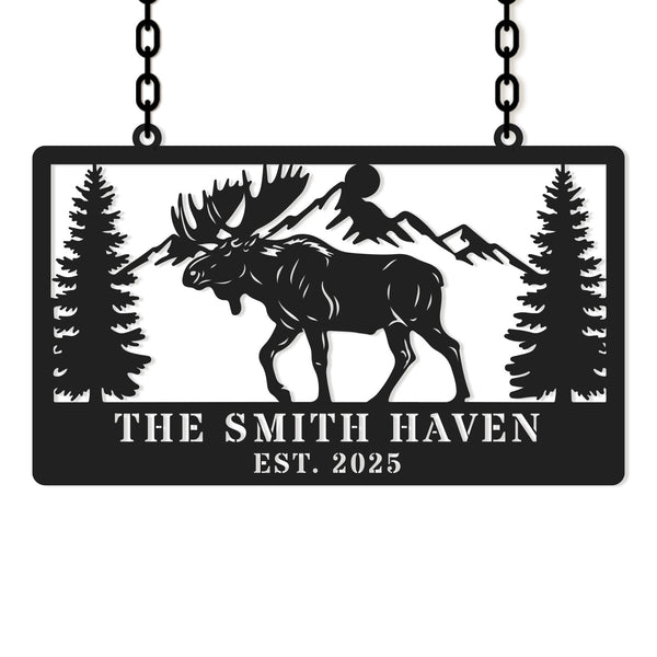 Custom moose cabin metal sign with personalized name and date, laser-cut steel mountain and pine tree design