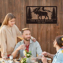 Custom moose cabin metal sign with personalized name and date, laser-cut steel mountain and pine tree design