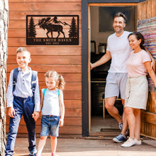 Custom moose cabin metal sign with personalized name and date, laser-cut steel mountain and pine tree design