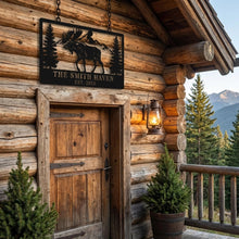Custom moose cabin metal sign with personalized name and date, laser-cut steel mountain and pine tree design